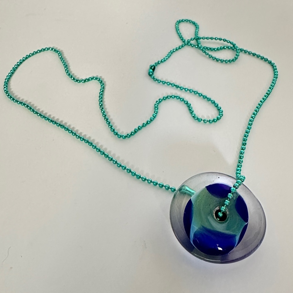 NWOT Blue and Teal Hand Blown Glass Bead Pendant on Micro Ball Chain Necklace